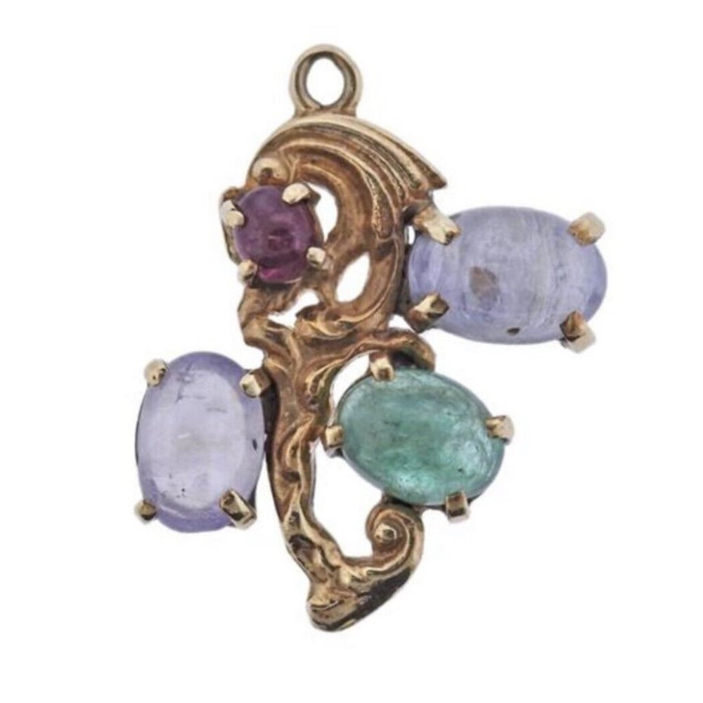 Rare Seaman Schweppes Vintage 14k Gold & Cabochon Multi Gemstone Pendant Charm